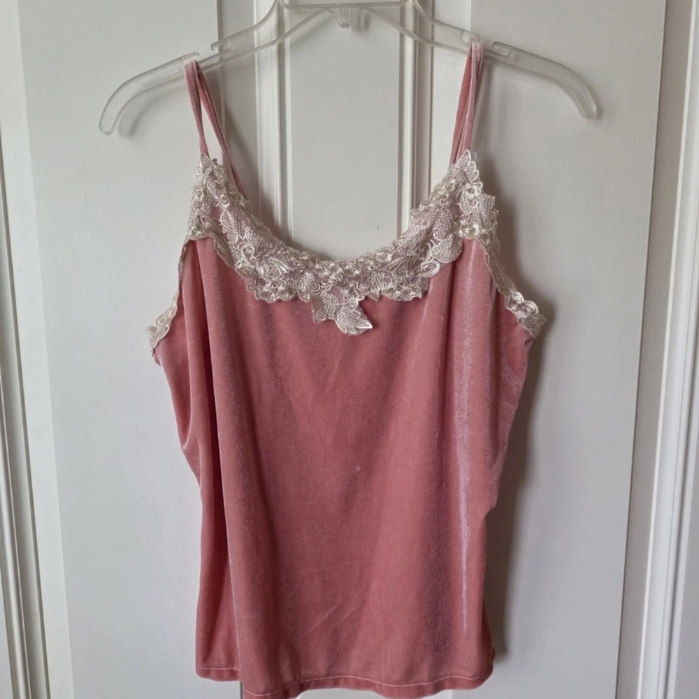 Y2K Pink Velvet Cami Top Lace Trim Fairycore Coquette Tank Size Small